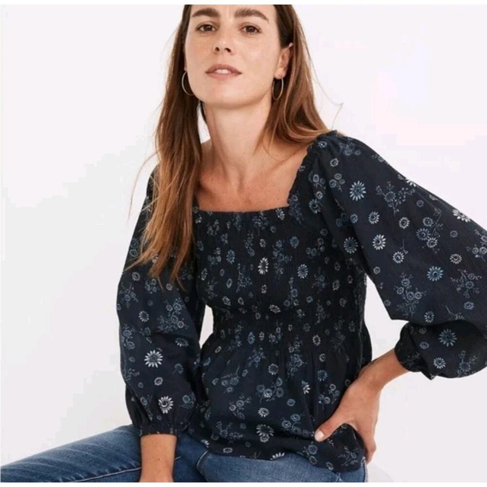 Madewell Lucie Smocked Peplum Top in Cottage Floral Blue SZ 12 Festival Summer